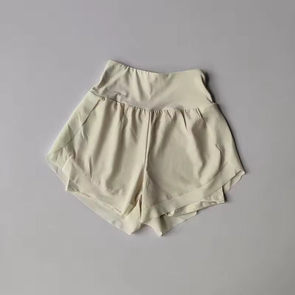 Shorts de yoga femininos de cintura alta, efeito de duas peças, com malha respirável e secagem rápida, anti-transparência