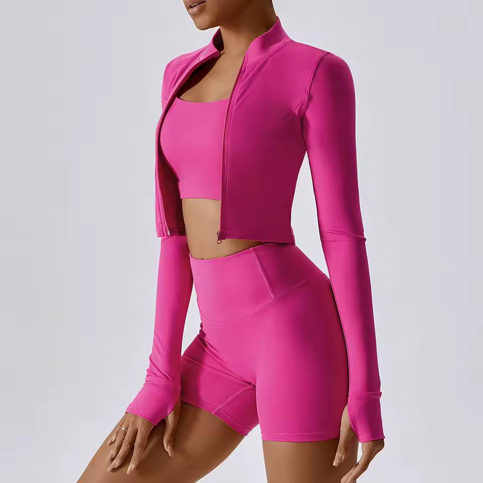 Jaqueta desportiva feminina com fecho, de manga comprida, respirável e de secagem rápida, ideal para corrida, ginásio e yoga, com encaixe para polegar e efeito push up