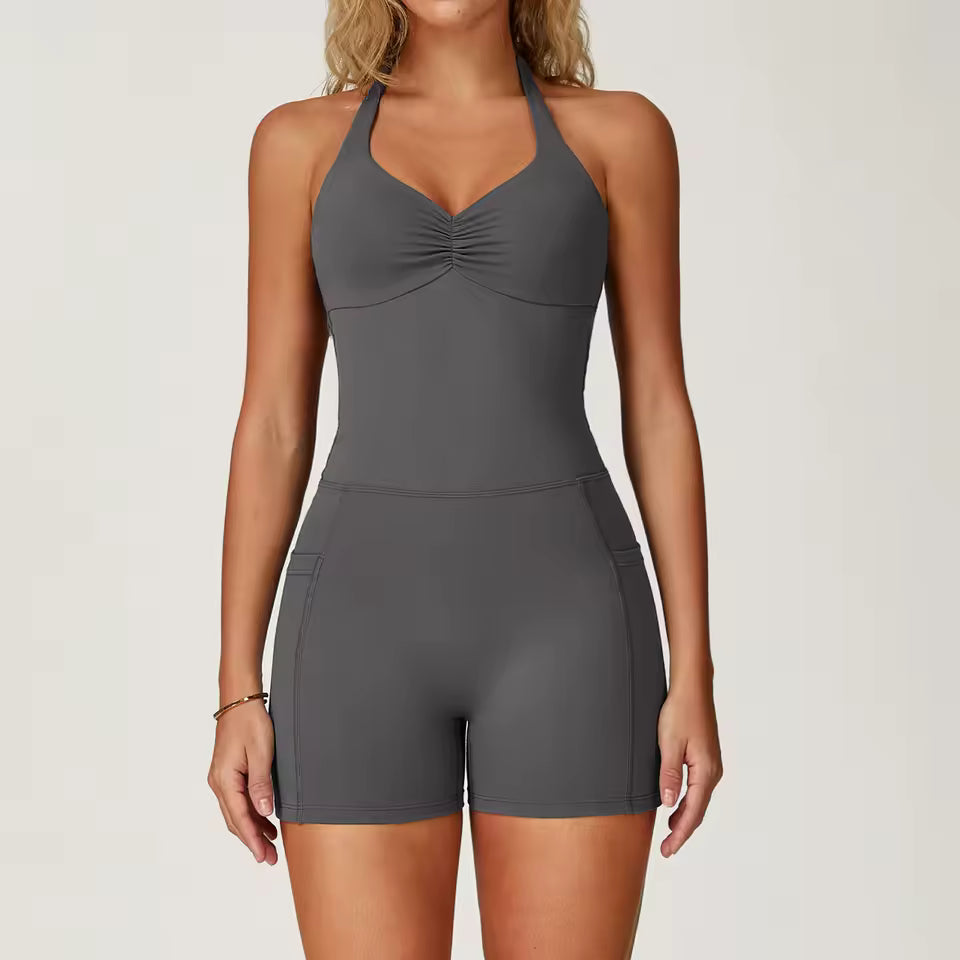 Macacão de yoga feminino, bodysuit de ginásio com efeito push-up, roupa de treino fitness e yoga, de secagem rápida e com efeito de elevação dos glúteos.