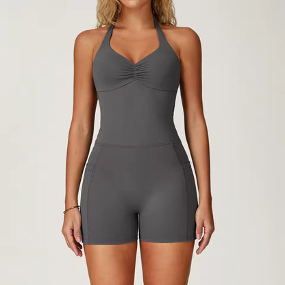 Macacão de yoga feminino, bodysuit de ginásio com efeito push-up, roupa de treino fitness e yoga, de secagem rápida e com efeito de elevação dos glúteos.