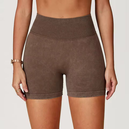 Shorts de yoga femininos de cintura alta, efeito “bumbum levantado”, em tecido com acabamento lavado, ideais para treino, fitness, corrida e ginásio
