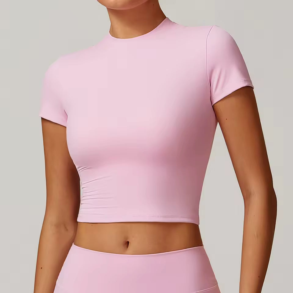 Top desportivo feminino de manga curta, respirável, ideal para yoga, treino, corrida e ginásio