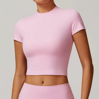 Top desportivo feminino de manga curta, respirável, ideal para yoga, treino, corrida e ginásio