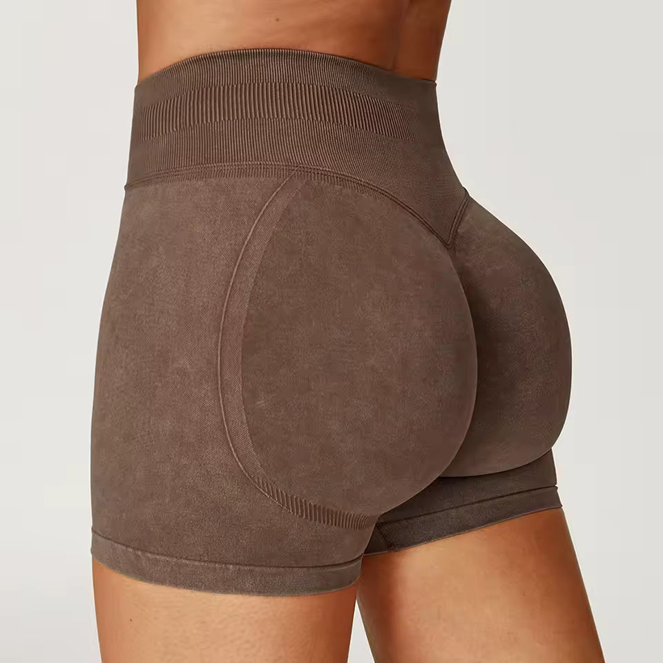 Shorts de yoga femininos de cintura alta, efeito “bumbum levantado”, em tecido com acabamento lavado, ideais para treino, fitness, corrida e ginásio