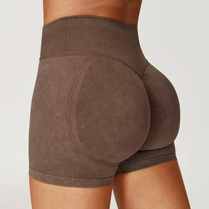 Shorts de yoga femininos de cintura alta, efeito “bumbum levantado”, em tecido com acabamento lavado, ideais para treino, fitness, corrida e ginásio