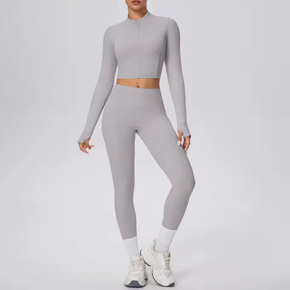 Conjunto feminino de 2 peças para treino, com jaqueta de fecho e calças de cintura alta, em cor sólida, respirável e de secagem rápida, ideal para yoga, ginásio, corrida e ciclismo