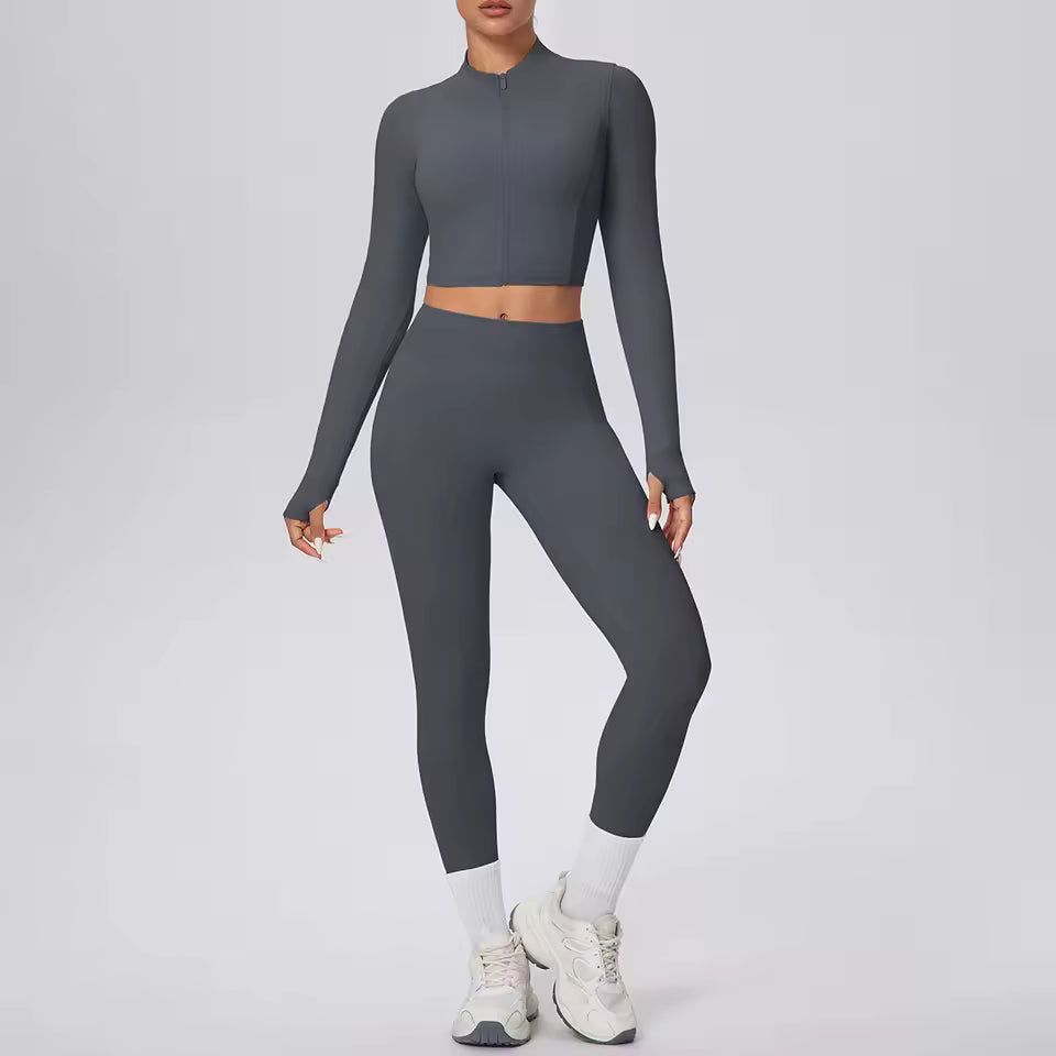 Conjunto feminino de 2 peças para treino, com jaqueta de fecho e calças de cintura alta, em cor sólida, respirável e de secagem rápida, ideal para yoga, ginásio, corrida e ciclismo