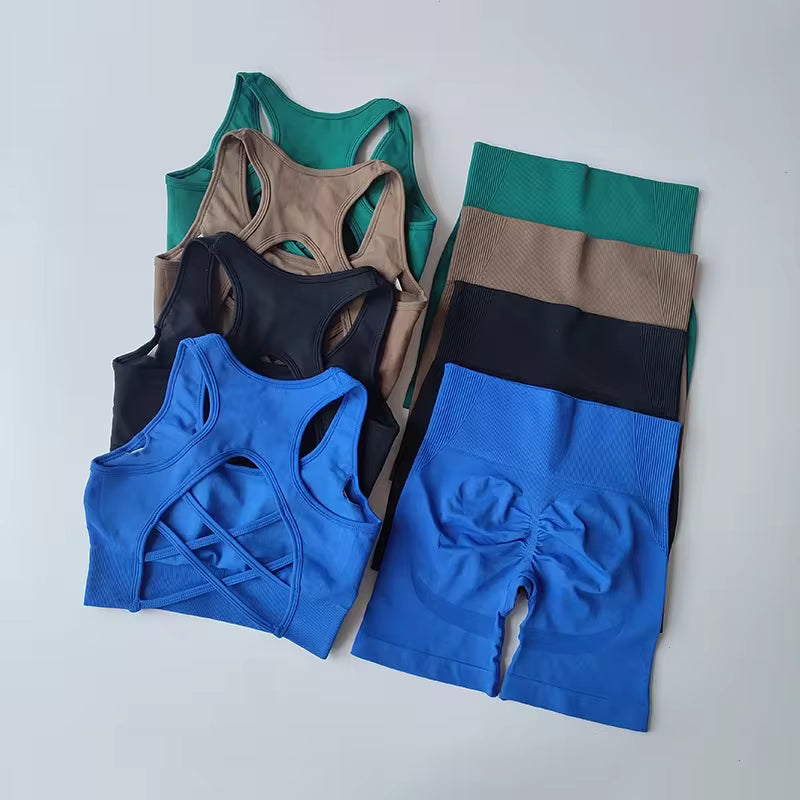 Conjunto feminino sem costuras 2 peças – top desportivo sexy e calções de cintura alta, ideal para yoga, ginásio e treino fitness.