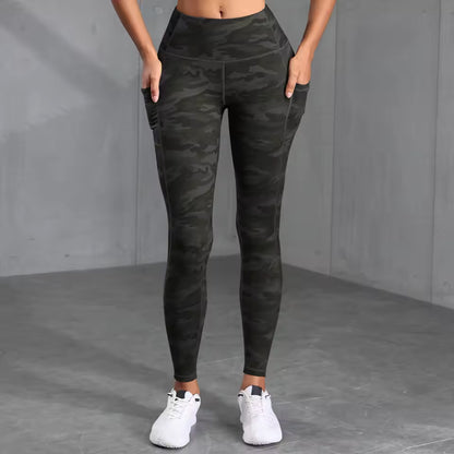 Leggings desportivas femininas com bolso e estampado camuflado, de cintura alta e efeito push-up, ideais para corrida, fitness, yoga e atividades ao ar livre, à prova de agachamento.