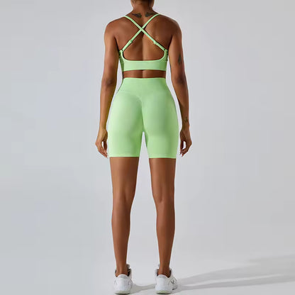 Conjunto de yoga feminino sem costuras, conjunto de treino de 2 peças com top canelado e calções de cintura alta, roupa de ginásio fitness para corrida e atividades atléticas.