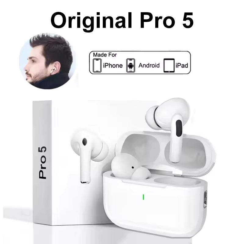 Para AirPods Originais Pro 5 / Pro 5C – Auscultadores Bluetooth Sem Fios TWS, Desportivos e Gaming, Compatíveis com Smartphones