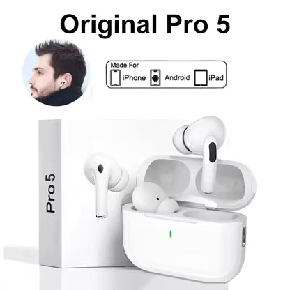 Para AirPods Originais Pro 5 / Pro 5C – Auscultadores Bluetooth Sem Fios TWS, Desportivos e Gaming, Compatíveis com Smartphones