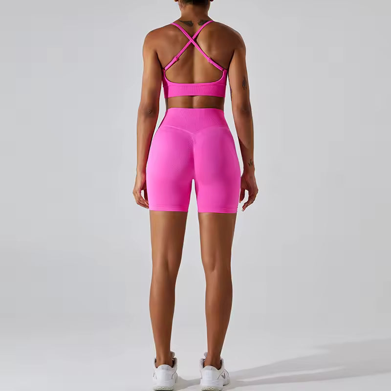 Conjunto de yoga feminino sem costuras, conjunto de treino de 2 peças com top canelado e calções de cintura alta, roupa de ginásio fitness para corrida e atividades atléticas.