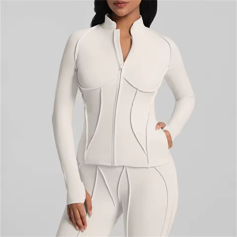 Conjunto feminino de treino com 2 peças — jaqueta acolchoada e roupa desportiva de ioga, com camisa de manga comprida de secagem rápida para fitness.