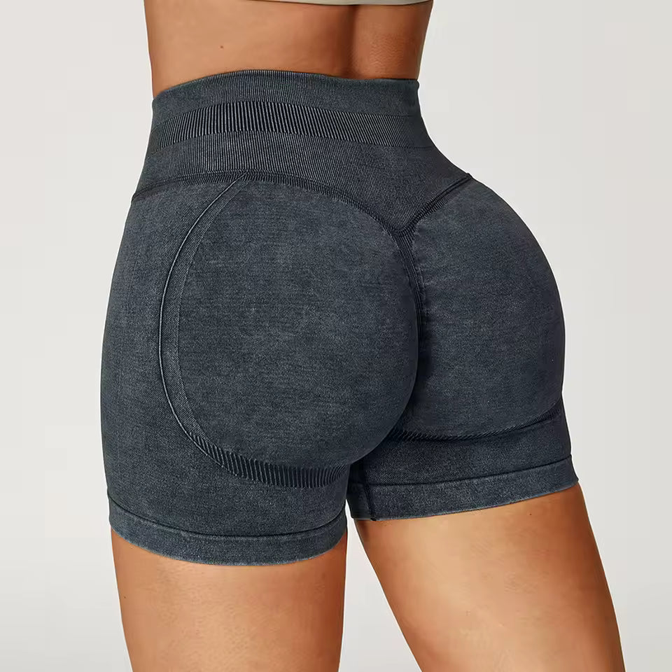 Shorts de yoga femininos de cintura alta, efeito “bumbum levantado”, em tecido com acabamento lavado, ideais para treino, fitness, corrida e ginásio