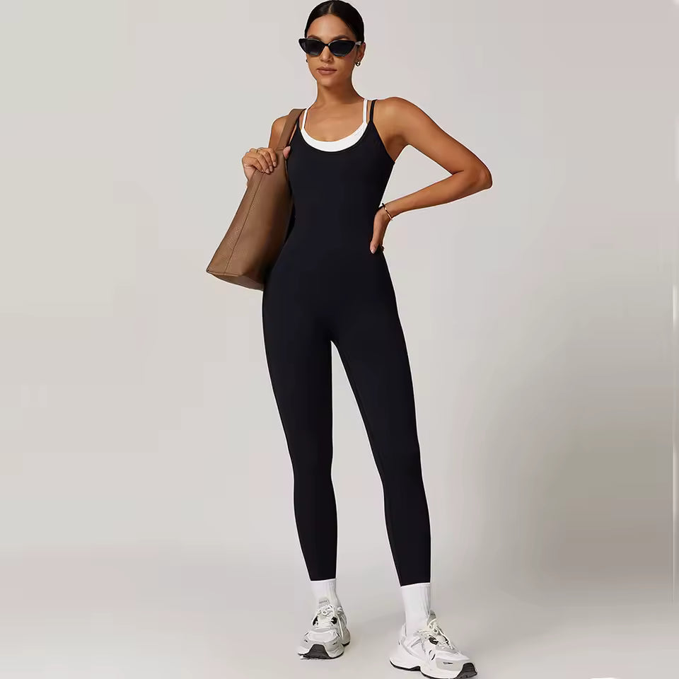 Conjunto desportivo feminino sexy — macacão de uma peça sem mangas com blocos de cor, ideal para yoga, fitness e treino de ginásio