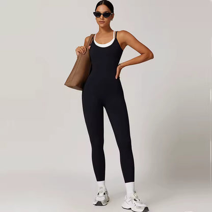 Conjunto desportivo feminino sexy — macacão de uma peça sem mangas com blocos de cor, ideal para yoga, fitness e treino de ginásio