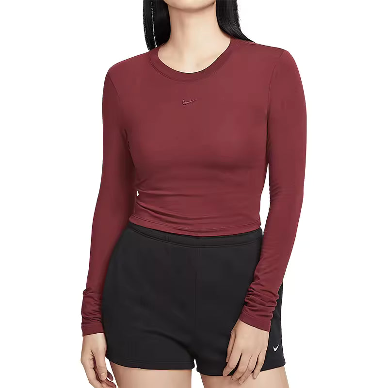 Nike Oficial Autêntico — Novo Top de Malha Feminino de Outono, Bordado, Corte Curto e Ajuste Fino HF5323-625