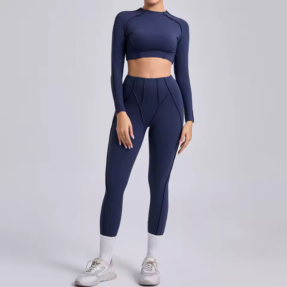 Conjunto feminino de ioga 3D — leggings de cintura alta que modelam e levantam o quadril, com top sem costas, para treino e ginásio.