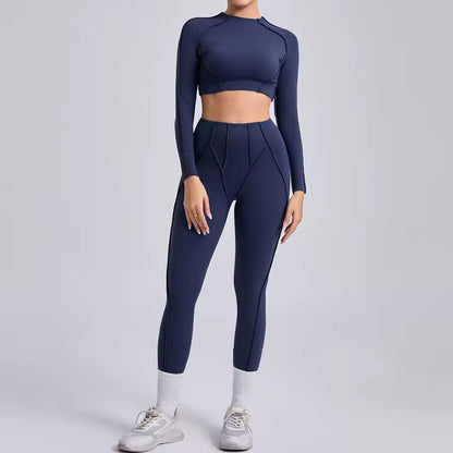 Conjunto feminino de ioga 3D — leggings de cintura alta que modelam e levantam o quadril, com top sem costas, para treino e ginásio.