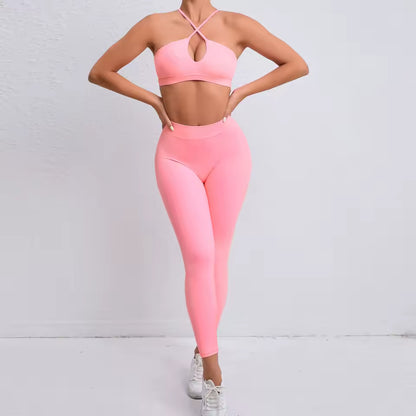 Conjunto desportivo feminino — roupa de fitness canelada para ioga, com top cruzado sem almofada e leggings push up para treino e ginásio.