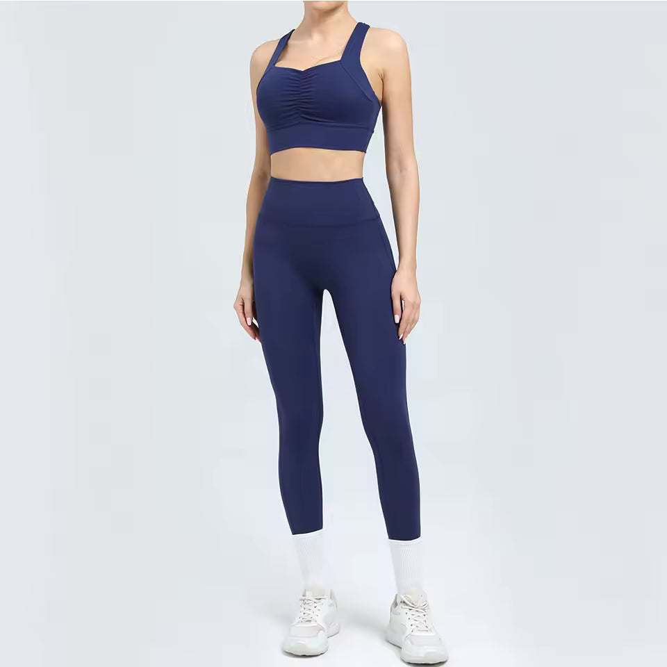 Conjunto feminino de 2 peças, fato de treino e yoga, roupa desportiva de ginásio com leggings de cintura alta e sutiã de fitness, conjunto atlético.
