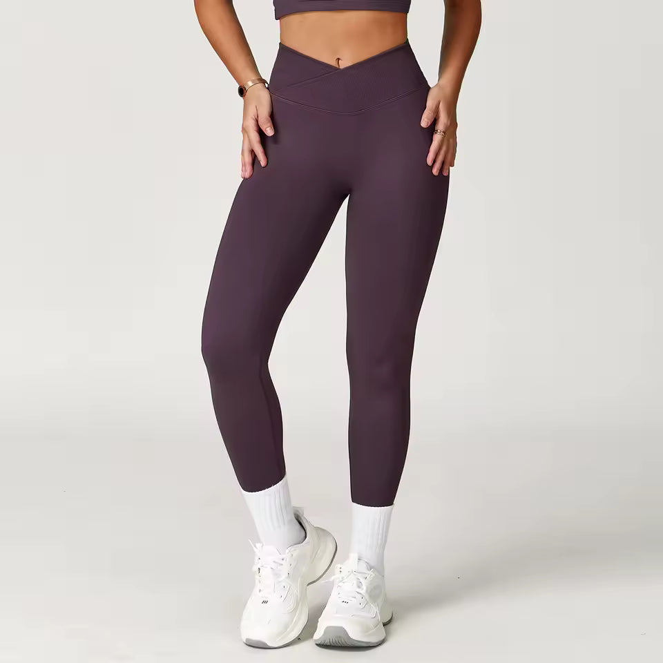 Leggings de ioga para mulher sem costuras, leggings de fitness para corrida e ciclismo, cintura cruzada, leggings desportivas de cintura subida para treino no ginásio.