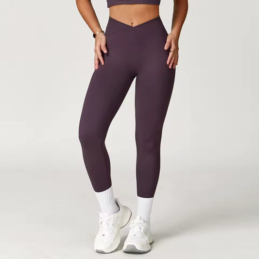 Leggings de ioga para mulher sem costuras, leggings de fitness para corrida e ciclismo, cintura cruzada, leggings desportivas de cintura subida para treino no ginásio.