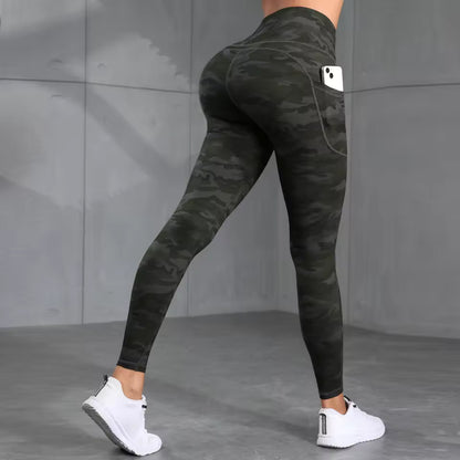 Leggings desportivas femininas com bolso e estampado camuflado, de cintura alta e efeito push-up, ideais para corrida, fitness, yoga e atividades ao ar livre, à prova de agachamento.