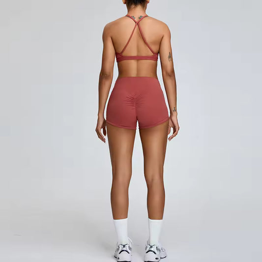 Conjunto desportivo feminino 2 peças — sutiã de treino e calções de cintura alta, com efeito push-up, ideal para ioga, corrida, ginásio e fitness