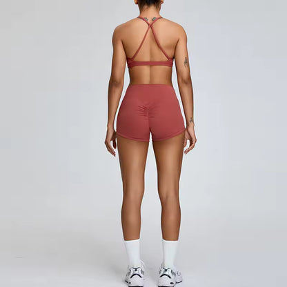 Conjunto desportivo feminino 2 peças — sutiã de treino e calções de cintura alta, com efeito push-up, ideal para ioga, corrida, ginásio e fitness
