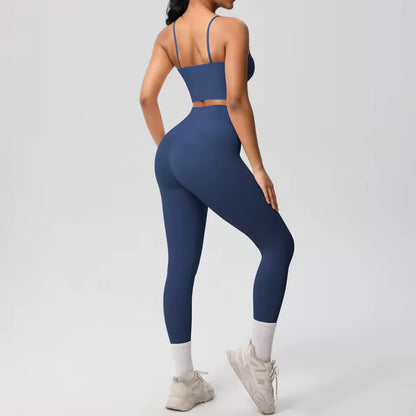 Conjunto desportivo feminino 2 peças — roupa de treino e ioga, com sutiã de suporte e leggings modeladoras para controlo abdominal.
