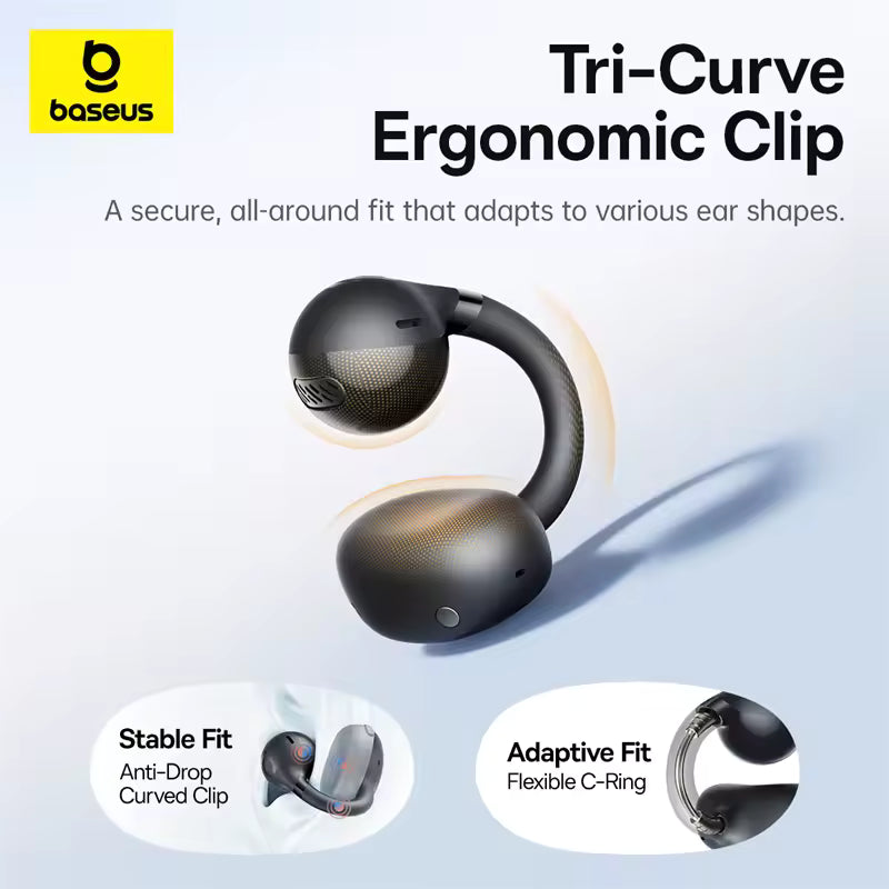 Baseus BC1 – Auscultadores de Clipe de Orelha Abertos, Sem Fios Bluetooth 6.0, com 4 Microfones, Graves Reforçados e Resistência à Água IP55, Ideais para Desporto