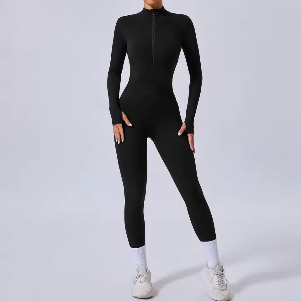 Conjunto de yoga feminino, fato desportivo de uma peça, macacão de secagem rápida com mangas compridas, roupa de treino e yoga para mulher.