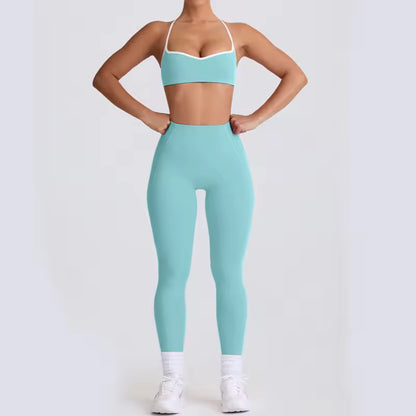 Conjunto de yoga feminino 2025 – cintura alta, efeito push-up e modelador, composto por top desportivo sem costas e leggings de compressão, ideal para treino, ginásio e yoga.