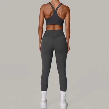 Conjunto feminino de 2 peças, fato de treino e yoga, roupa desportiva de ginásio com leggings de cintura alta e sutiã de fitness, conjunto atlético.