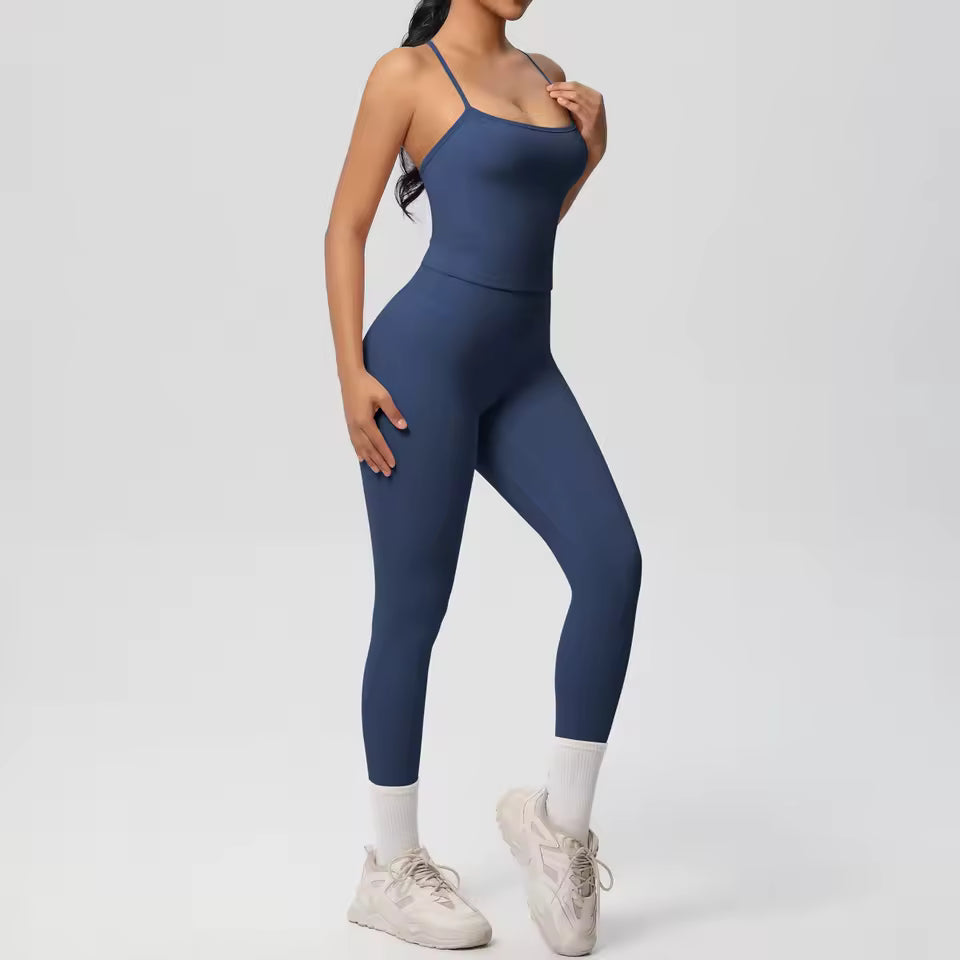 Conjunto desportivo feminino 2 peças — agasalho de ioga sem mangas, com sutiã desportivo e macacão de treino, ideal para fitness, ginásio e atividades físicas