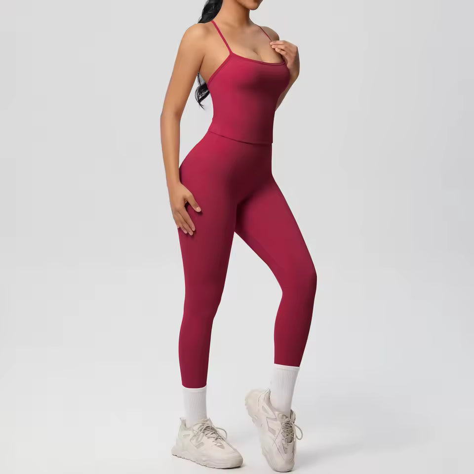 Conjunto desportivo feminino 2 peças — agasalho de ioga sem mangas, com sutiã desportivo e macacão de treino, ideal para fitness, ginásio e atividades físicas