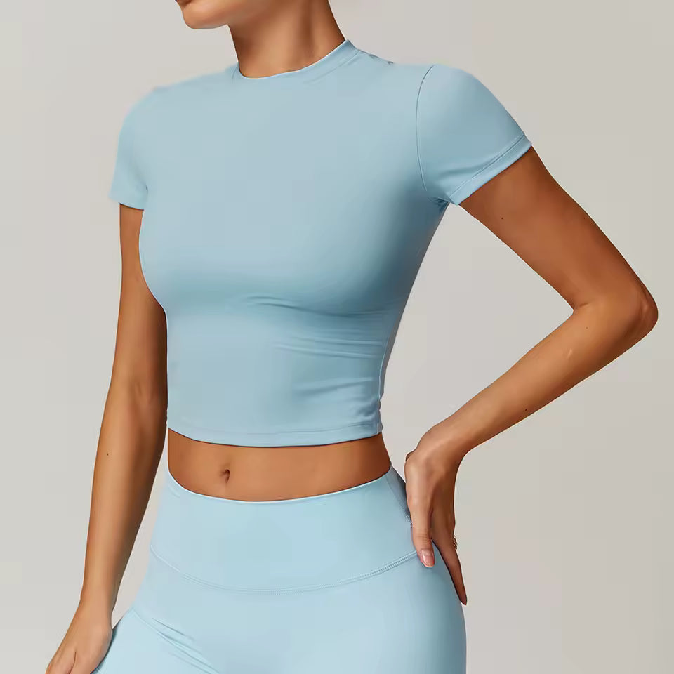 Top desportivo feminino de manga curta, respirável, ideal para yoga, treino, corrida e ginásio