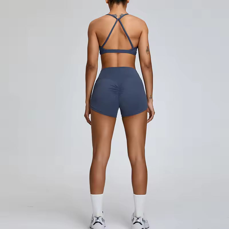 Conjunto desportivo feminino 2 peças — sutiã de treino e calções de cintura alta, com efeito push-up, ideal para ioga, corrida, ginásio e fitness