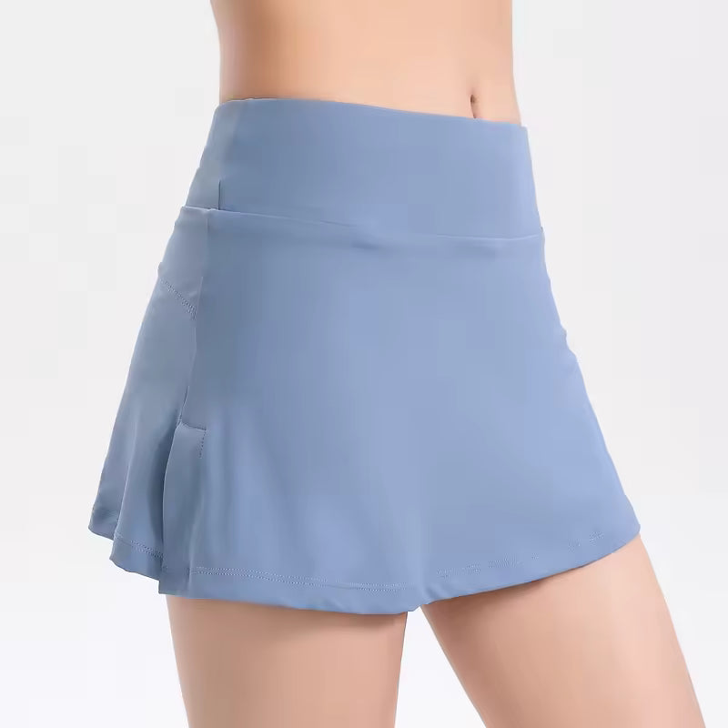 Saia desportiva feminina curta com shorts integrados, leve e respirável, ideal para yoga, treino, corrida e ginásio