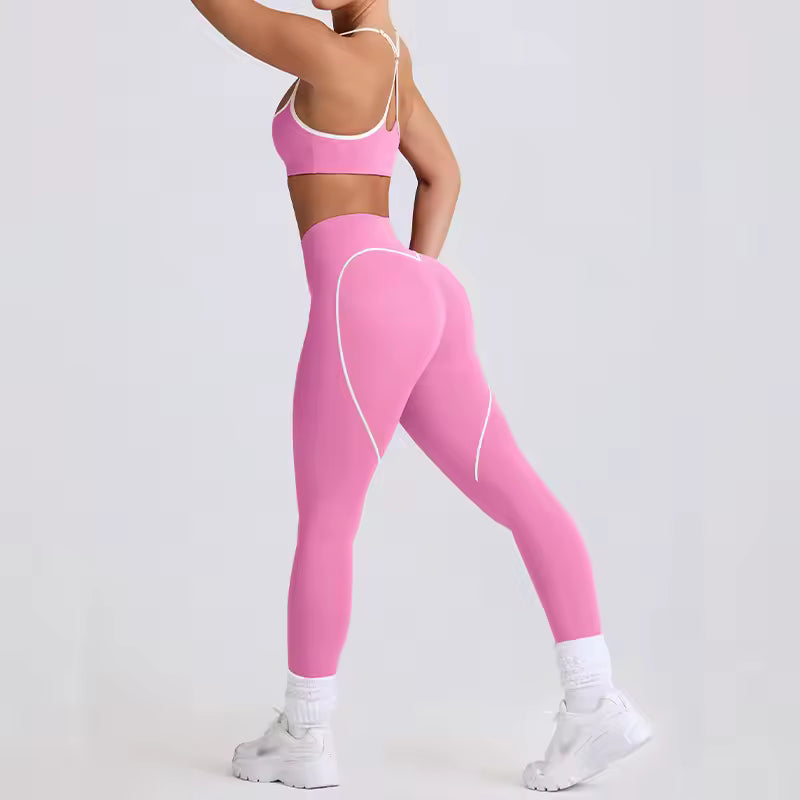 Conjunto de yoga feminino 2025 – cintura alta, efeito push-up e modelador, composto por top desportivo sem costas e leggings de compressão, ideal para treino, ginásio e yoga.