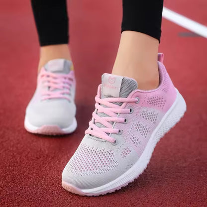 Ténis casuais femininos respiráveis — modelo em malha com atacadores, planos e confortáveis, disponíveis em rosa, preto e branco