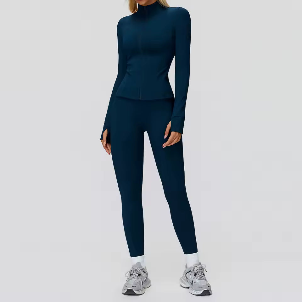 Conjunto feminino de ioga com 2 peças — roupa desportiva de ginásio, leggings de cintura alta e top de manga comprida para treino e corrida.