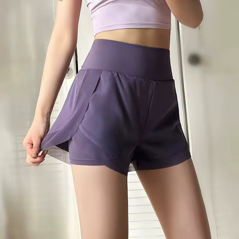 Shorts de yoga femininos de cintura alta, efeito de duas peças, com malha respirável e secagem rápida, anti-transparência
