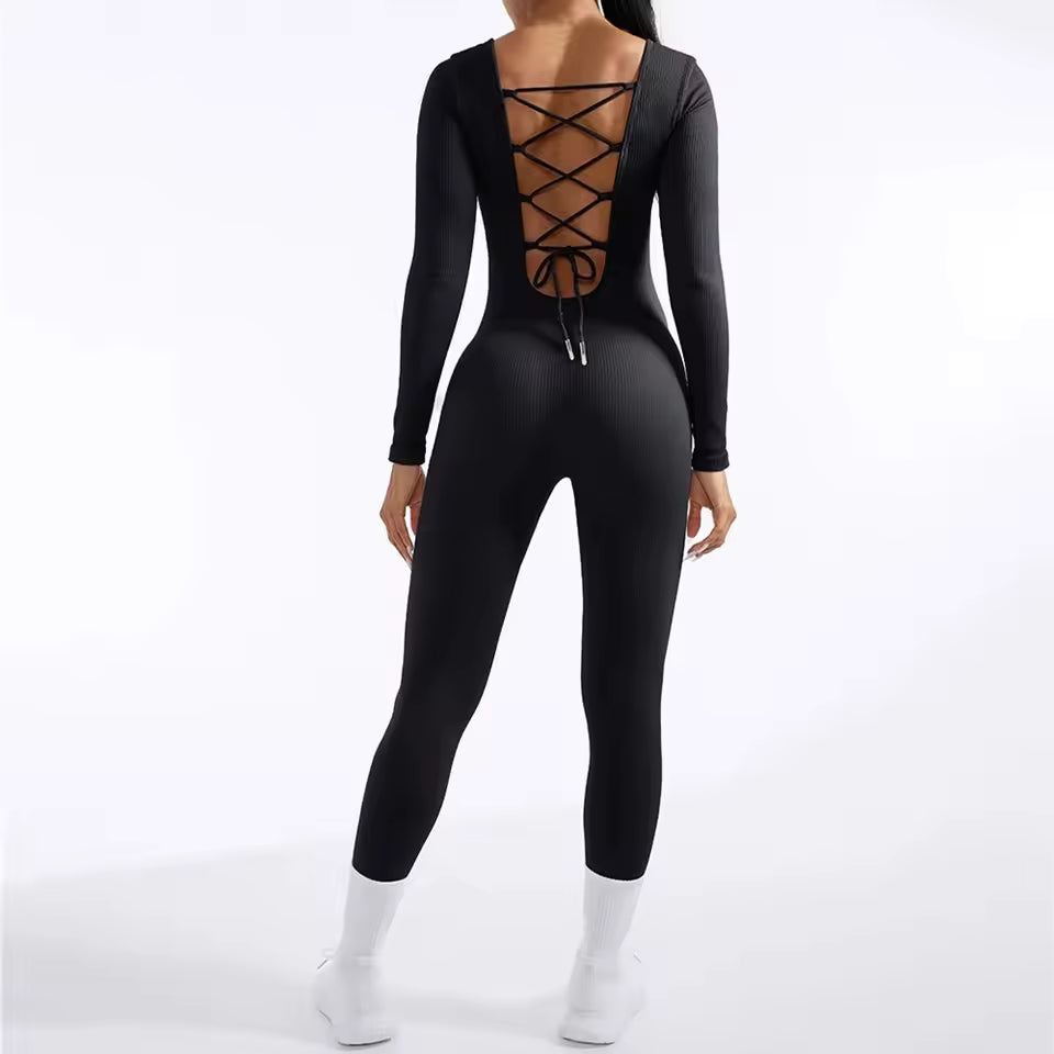 Novo macacão feminino de uma peça com manga comprida — body de bandagem desportiva, ideal para ginásio, ciclismo e treino, com design que modela o corpo.