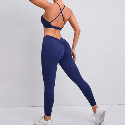 Conjunto desportivo feminino — roupa de fitness canelada para ioga, com top cruzado sem almofada e leggings push up para treino e ginásio.