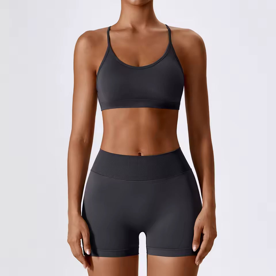 Conjunto feminino sem costuras para ioga e ginásio — inclui top curto e calções, ideal para treino, corrida e fitness (2 peças).