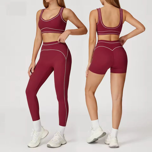 Conjunto de yoga feminino de 2 peças com contraste de cores, composto por sutiã desportivo e leggings de cintura alta, ideal para treino, corrida e fitness.