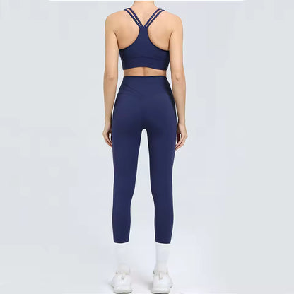 Conjunto feminino de 2 peças, fato de treino e yoga, roupa desportiva de ginásio com leggings de cintura alta e sutiã de fitness, conjunto atlético.